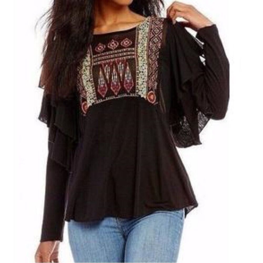Free People Black Linen Embroidered Long Sleeve Shirt Size Small Ruffle Sleeves